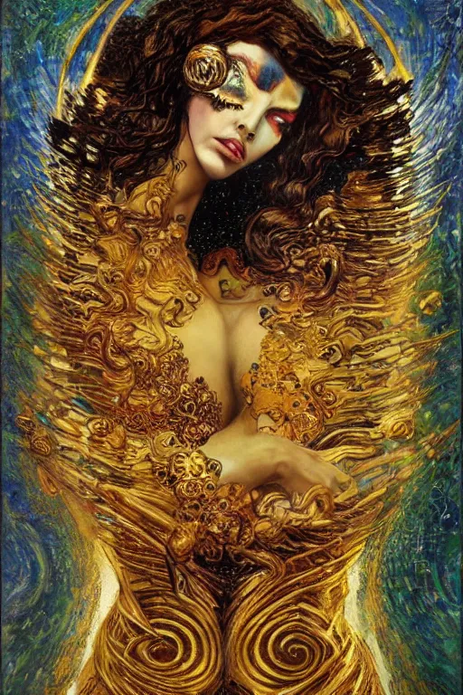 Image similar to Intermittent Chance of Chaos Muse by Karol Bak, Jean Deville, Gustav Klimt, and Vincent Van Gogh, Rebirth, Loki's Pet Project, Poe's Angel, Surreality, inspiration, imagination, sacred muse, otherworldly, fractal structures, arcane, ornate gilded medieval icon, third eye, spirals