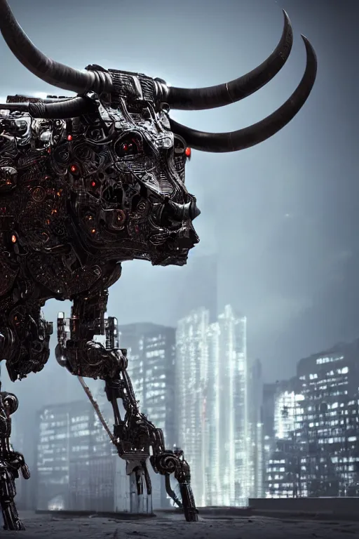 Image similar to a full body shot of a cyborg ( bull ) modeled after a bull looking into the camera, android, cyborg, full body shot, intricate, 3 d, hyper realism, fantasy, depth of field, octane render, symmetrical, highly detailed, digital art, artstation, concept art, cinematic lighting, trending