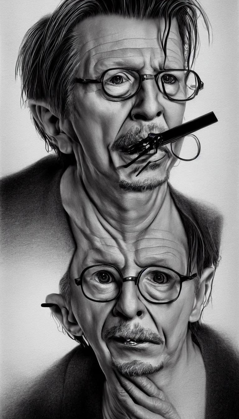 Image similar to a breathtaking 3 d pencil drawing of an incommensurable, malevolent gary oldman, at the height of heroin withdrawal, staring furiously, light bends to him, saturated colors, digital art, catalogue raisonne, autodesk maya, cinema 4 d, hyperrealism, ultra detailed, hyper luxurious, by jarid mayo