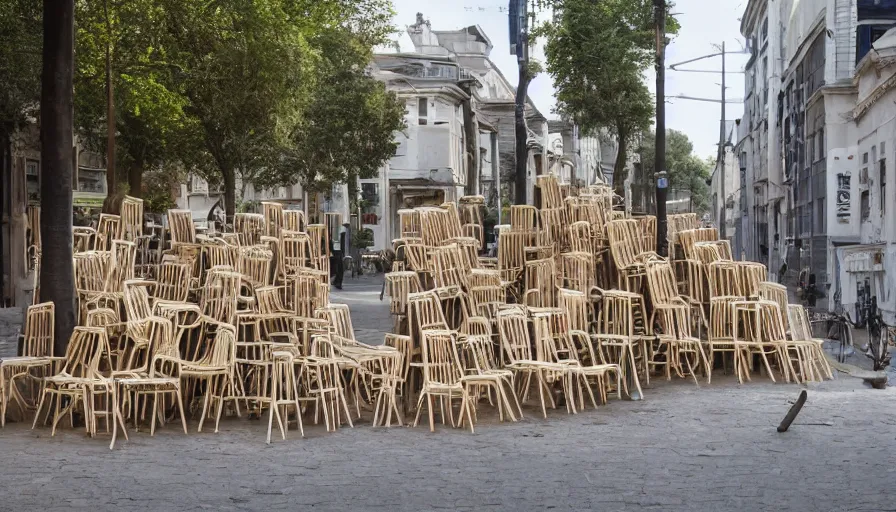 Image similar to chairs piled up ten meters high along the walls of the street, hyperrealistic shaded