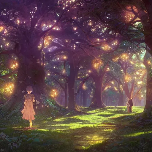 Image similar to the aesthetic view of the beautiful, grand, wistful, dreamy hidden forest at dusk, hyperrealistic anime illustration by iralki nadar, colorful, extremely detailed, intricate linework, super sharp focus, bright colors, octopath traveler, studio ghibli, unreal engine 5 highly rendered, global illumination, radiant light, detailed and intricate environment