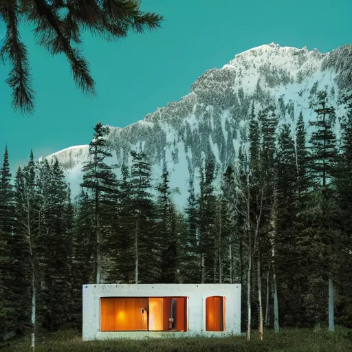 Image similar to wes anderson style modern futuristic house near the lake, snowy mountains and green forest, cinematic, realism, photo, detailed