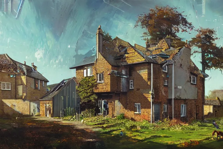 Image similar to cyberpunk, an estate agent listing photo, external view of a 5 bedroom detached countryside house in the UK, it's a sunny day, by Paul Lehr