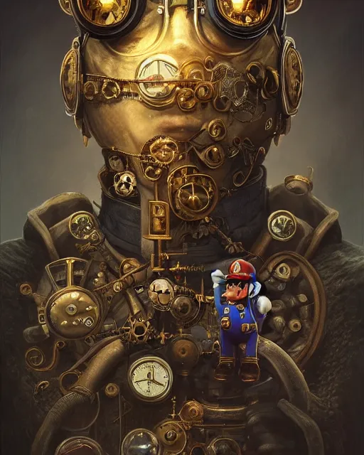 Prompt: epic portrait of victorian Super Mario, scientist, steampunk, ethereal, highly detailed, intricate details, symmetry, golden ratio, photorealistic, 8k, hd, very sharp details, oil painting by rutkowski and stalenhag, artstation