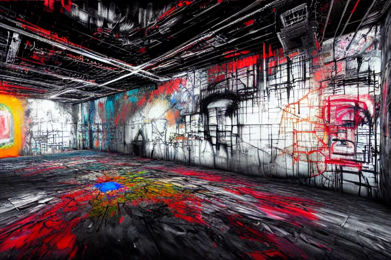 Image similar to the inside of a symmetrical hellish dungeon, multilayer glitch effect in spatial perceptron synapses, matte painting, 4 k, epic composition, volumetric light, abstract illusionism, by robert rauschenberg, konstantinas ciurlionis, jean - michel basquiat, pour paint, modern street art, grunge wall, industrial