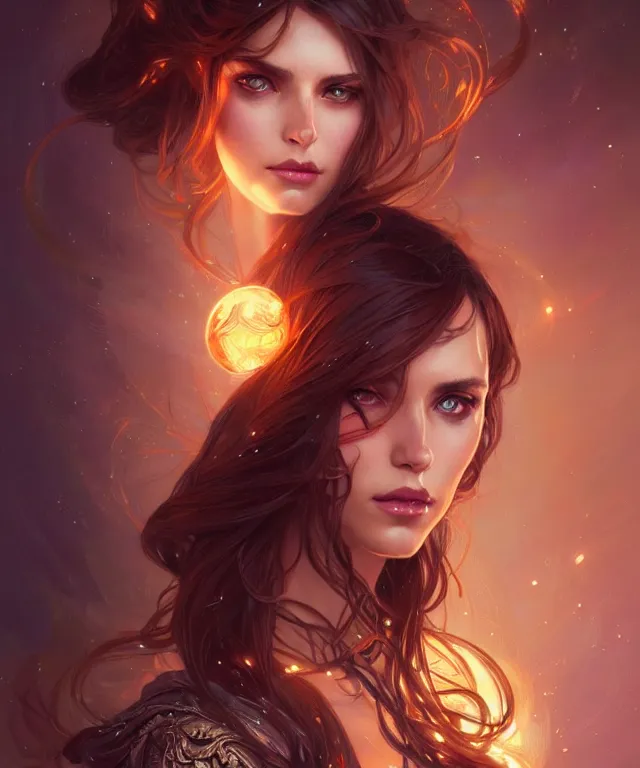 Image similar to fantasy magic woman portrait, sci-fi, amber eyes, face, long hair, fantasy, intricate, elegant, highly detailed, digital painting, artstation, concept art, smooth, sharp focus, illustration, art by artgerm and greg rutkowski and alphonse mucha