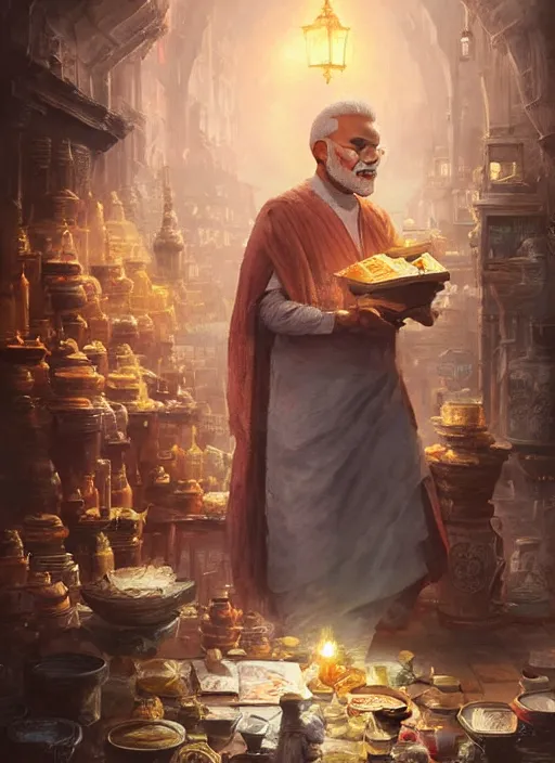 Prompt: Portrait of Narendra Modi as a merchant selling Souls, digital art, greg rutkowski and thomas kinkade, detailed, high quality, 8k, illustration