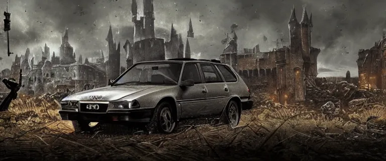 Image similar to Armored and Armed Military Audi 80 B3 Avant (1988) with a mounted M249, Dark Souls 3, Eldritch Horrors, Wretched and Corrupted Knights, a grim fantasy, Anor Londo, dramatic lighting, cinematic, establishing shot, extremely high detail, photorealistic, cinematic lighting, artstation, by simon stalenhag