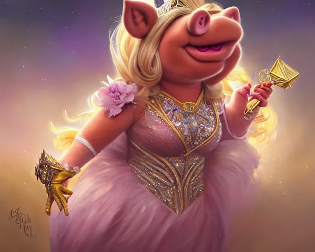 Image similar to miss piggy as miss universe, 8 k, deep focus, d & d, fantasy, intricate, elegant, highly detailed, digital painting, artstation, concept art, matte, sharp focus, illustration, hearthstone, art by artgerm and greg rutkowski and alphonse mucha