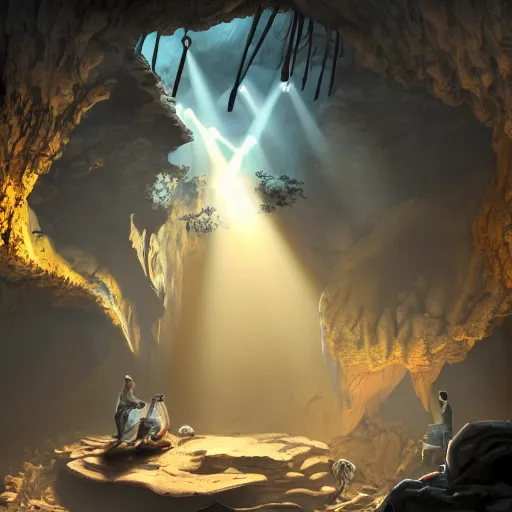 Prompt: a cave filled with pirate treasure, sunlight coming in from a crack in the cave ceiling, skeleton remains laying on the floor, digital art, trending on artstation, 4k, atmospheric