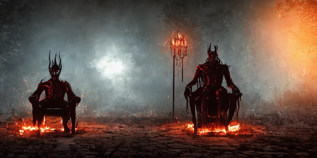 Prompt: evil villian on a throne in an open - air mysterious location, fire, night, dark, evil, chainsaw, pits, mysterious, murder, blood, unreal 5, hyperrealistic, realistic, photorealistic, dynamic lighting, highly detailed, cinematic landscape, studio landscape, studio lighting