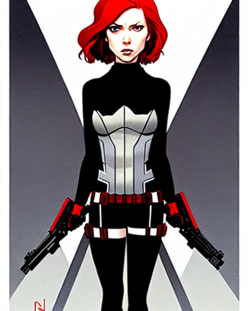 Image similar to phil noto comicbook cover art, black widow marvel, symmetrical eyes, long red hair, full body, city rooftop