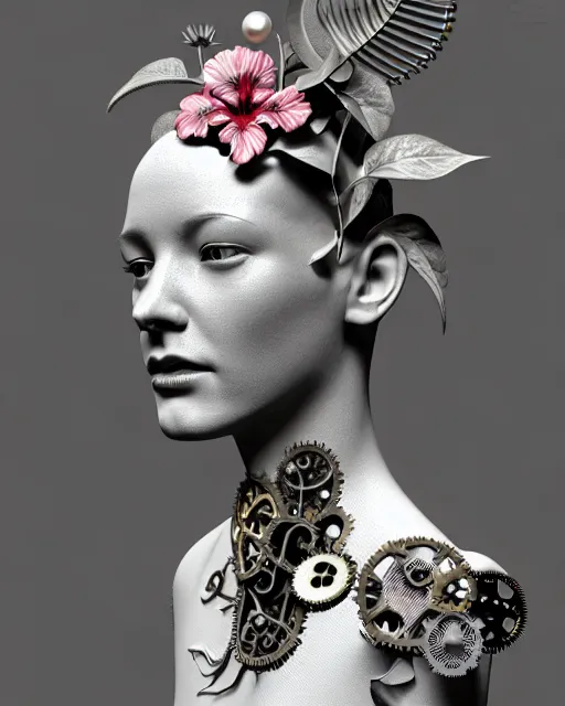 Image similar to monochrome 3 d model, 1 9 4 0 picture, floral silver steampunk biomechanical beautiful young female cyborg with porcelain profile face and a techno eye, volumetric light, leaves foliage and stems, hibiscus flowers, sinuous fine roots, fine foliage lace, alexander mcqueen, rim light, big gothic fashion pearl embroidered collar, octane render, 8 k