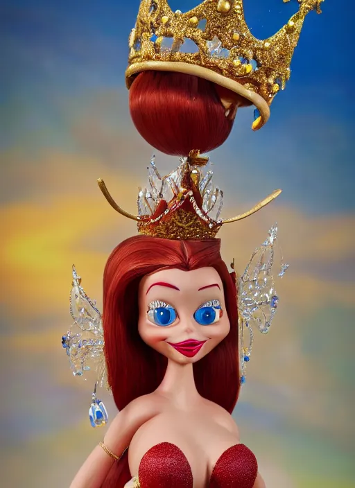 Image similar to closeup face profile portrait of a tin toy jessica rabbit as a fairytale princess wearing a crown eating cakes, bikini, depth of field, zeiss lens, detailed, symmetrical, centered, fashion photoshoot, by nicoletta ceccoli, mark ryden, lostfish, breathtaking, 8 k resolution, extremely detailed, beautiful, establishing shot, artistic, hyperrealistic, octane render