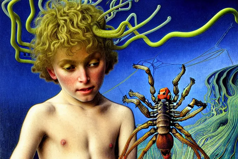 Image similar to realistic extremely detailed portrait closeup painting of a ghost kid playing with giant spider, futuristic sci-fi landscape on background by Jean Delville, Amano, Yves Tanguy, Alphonse Mucha, Ernst Haeckel, Edward Robert Hughes, Roger Dean, rich moody colours, blue eyes