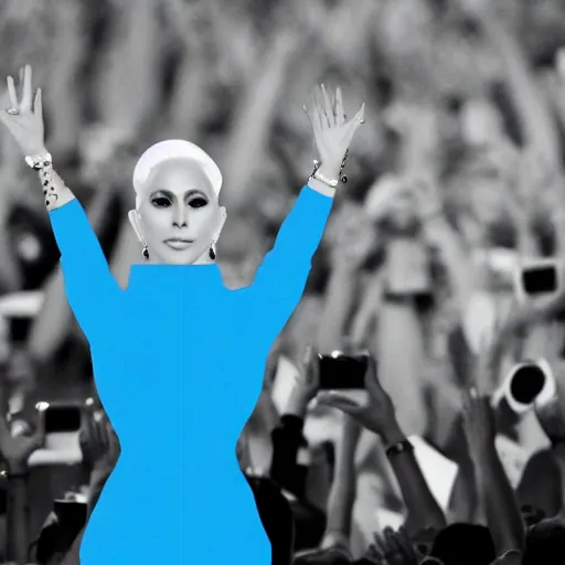 Image similar to Lady Gaga president of Argentina, Argentina flag behind, bokeh, detailed, hd, waving hands