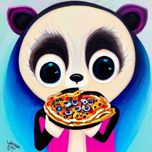 Image similar to an adorable and cute jeremiah ketner acrylic impasto! painting! of a crying, sad raccoon eating pizza