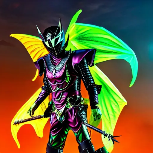 Prompt: High Fantasy Kamen Rider, 4k, vibrant colors, rock quarry location, glowing eyes, fantasy inspired dragon armor, action scene, daytime, rubber suit, pvc armor