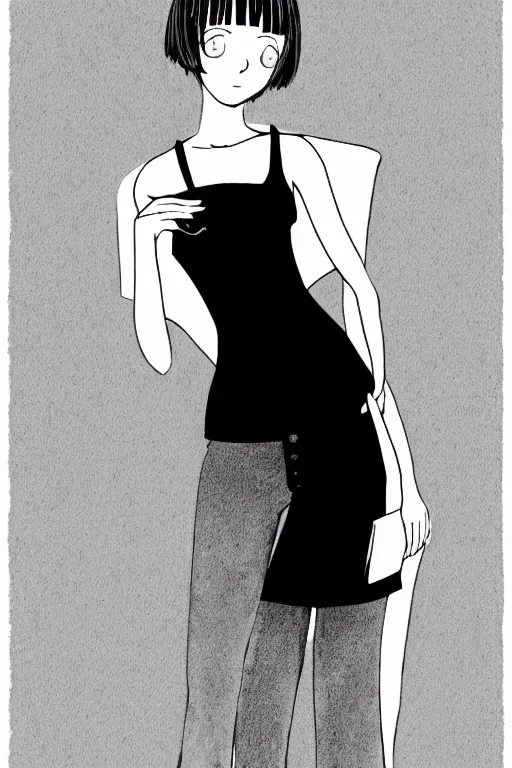 Image similar to portrait of a girl in long pants and a top, hands in pockets, eyes closed, bob haircut, digital art, black and white, clean sketch by junji ito and kaoru mori