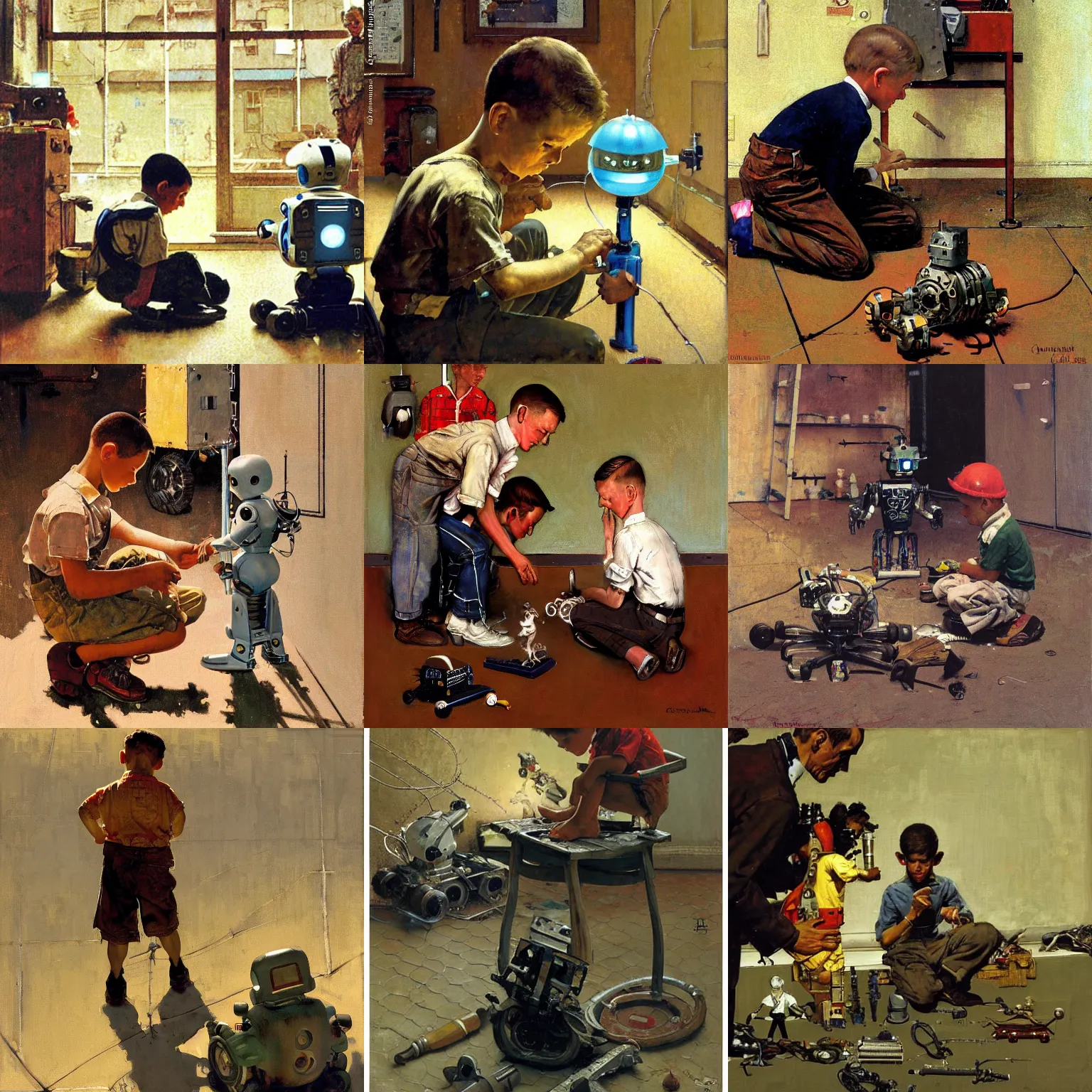 Prompt: a boy fixing his robot, ((part by Norman Rockwell)), part by Craig Mullins , oil on canvas,