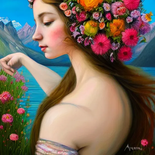 Image similar to a painting of a young woman with flowers in her hair, she's dancing in front of a beautiful lake in switzerland, mountains on the background, high quality oil painting artstyle, feminine, delicate, hyperdetailed, in the style of anna dittmann, deviantart, figurative art, deviantart, ilya kuvshinov, lovecraftian, very detailed face, portrait