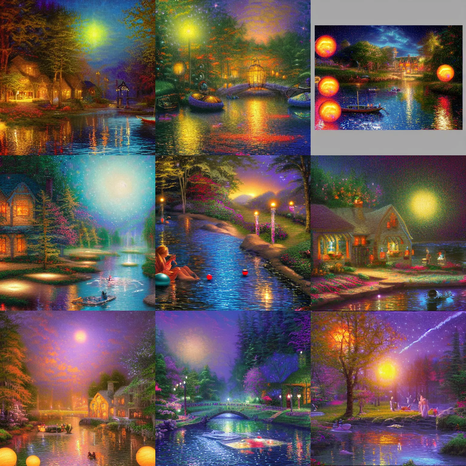 Prompt: glowing orbs in many colors on floating down a river, evocative, mystical night, detailed, award winning, trending on artstatioon artwork by Thomas Kinkade,