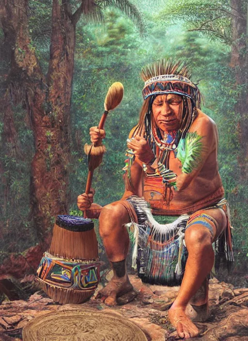Prompt: a realistic painting of indigenous man playing shamanic drum, highly detailed, matte painting, fantasy art