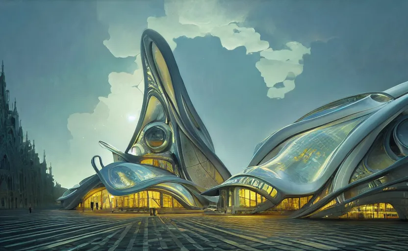 Image similar to exterior shot of utopian architecture transparent building with cinematic lighting by zaha hadid and renzo piano, darek zabrocki and greg ruthkowski, alphonse mucha, simon stalenhag, cinematic, stars, beautiful, holy place, paradise, scifi, futurism, atmospheric, concept art, artstation, trending on artstation