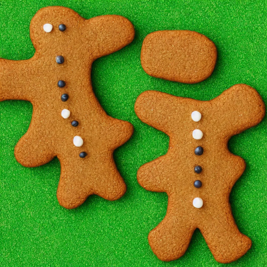 Image similar to top-down view of a cute gingerbread man on top of a green surface, 8k, high detail, photorealistic, proper shading