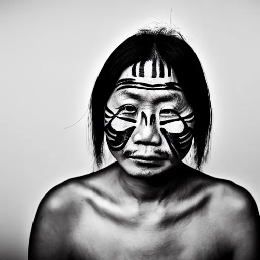 Image similar to grizzled young chinese woman with tribal face tattoos and facial hair, black & white, richard avedon, 5 0 mm, grainy, low light
