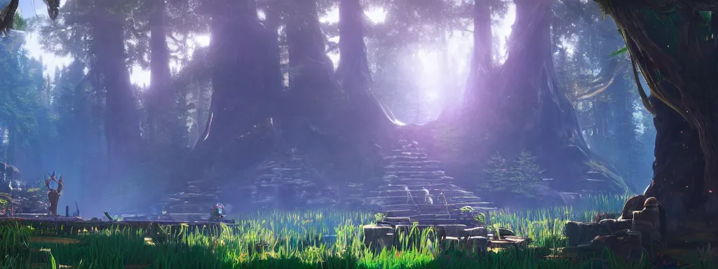 Image similar to matte painting of a magnificent ethereal wishing well in forest glade by Zelda breath of the wild, 8k, ultra hd