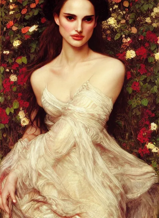 Image similar to a beautiful painting of natalie portman by John Everett Millais and Dante Gabriel Rossetti and John Collier and john william waterhouse, pre-raphaelite, detailed, trending on artstation, hd, masterpiece