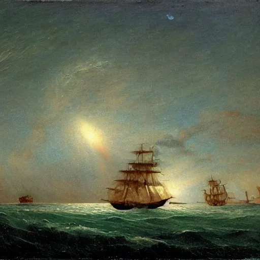 Image similar to clouds made out of the universe with luminous skies and a ship sailing in the distance, fitz henry lane, painting, detailed