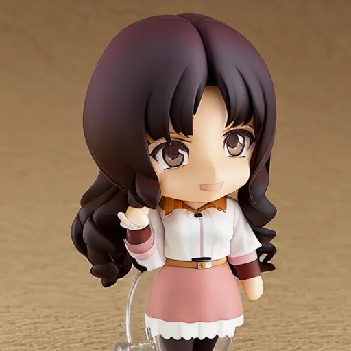 Prompt: nendoroid of a tan middle aged woman with dark long wavy hair, brown eyes, pink lipstick