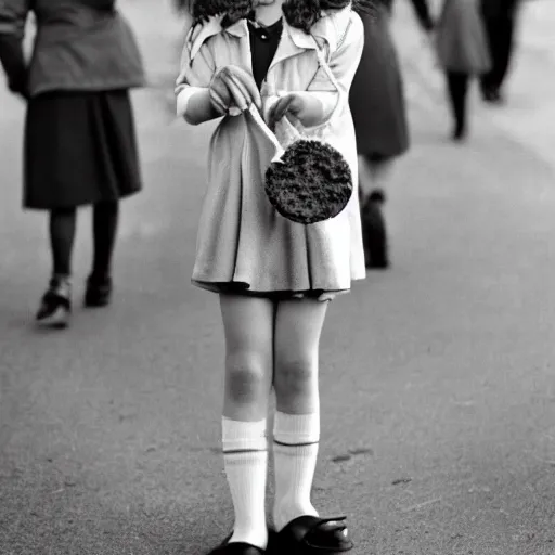 Image similar to photo of cute soviet schoolgirl, holding bagels on a rope, street of moscow, shallow depth of field, cinematic, 8 0 mm, f 1. 8