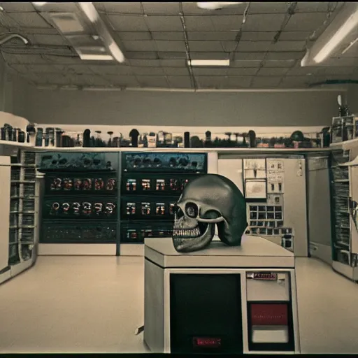 Prompt: large metallic skull attached to an infinitely long coiled cable, stoic and calm, inside of an unlit 1970s convenience store with a soviet computer console on the wall, ektachrome photograph, volumetric lighting, f8 aperture, cinematic Eastman 5384 film