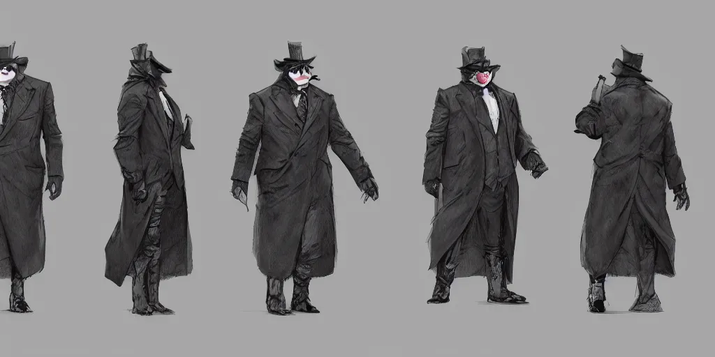 Image similar to the penguin cobblepot, character sheet, concept design, contrast, kim jung gi, greg rutkowski, zabrocki, karlkka, jayison devadas, trending on artstation, 8 k, ultra wide angle, pincushion lens effect