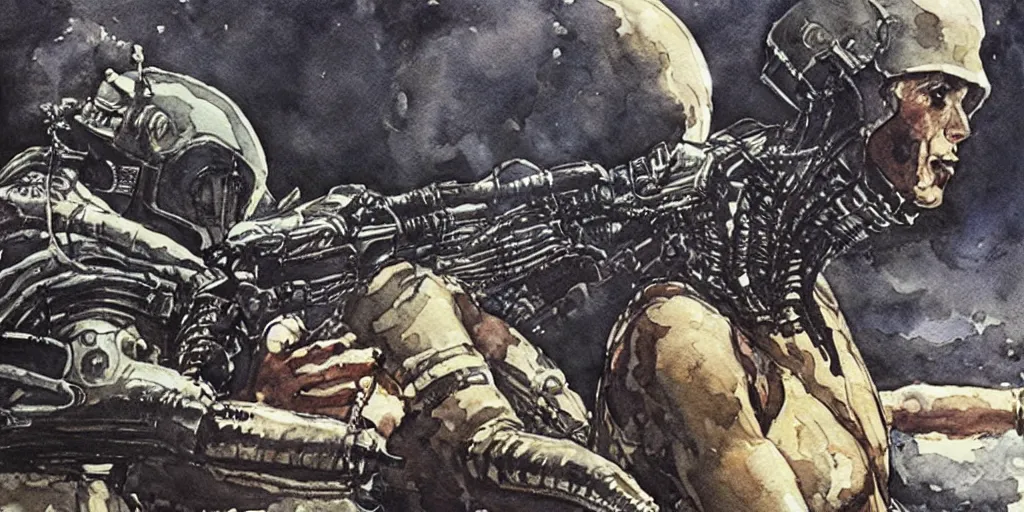 Prompt: scene still from Aliens 1986, detailed watercolor by Winslow Homer