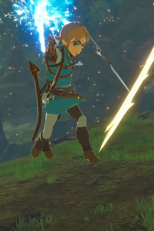 Image similar to in game footage of link from the legend of zelda breath of the wild firing an exploding arrow, breath of the wild art style.