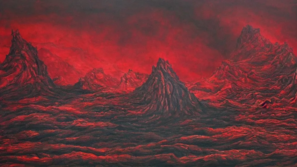 Image similar to dark blood red detailed landscape, chilling overwhelming oil painting, brutal unforgiving fantasy hell, dreadful and horrifying endless torture