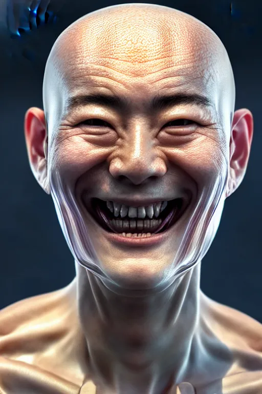 Image similar to hyperrealistic close-up translucent exoskeleton!! smiling chinese man covered highly detailed concept art eric zener elson peter cinematic hard orange lighting high angle hd 8k sharp shallow depth of field