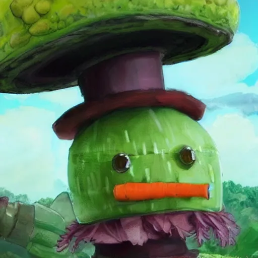 Image similar to robot made of vegetables with big avocado hat and a carrot sword, made in abyss style