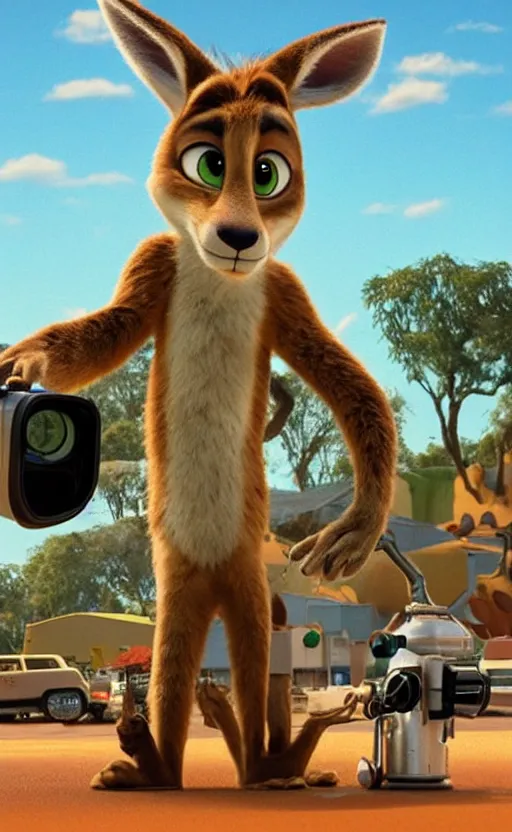 Image similar to “kangaroo in the style of the movie zootopia holding a laser gun and pointing it at the the camera”