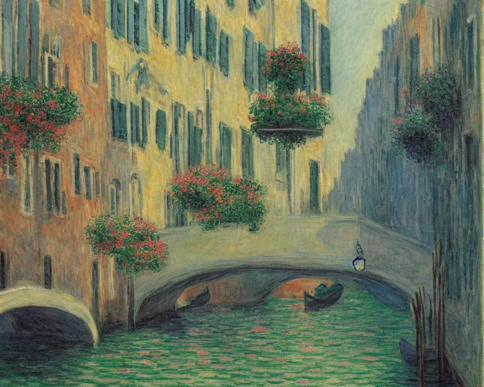 Prompt: a quaint, narrow venice canal with glowing street lamps and hanging flower baskets at night by hopper and monet