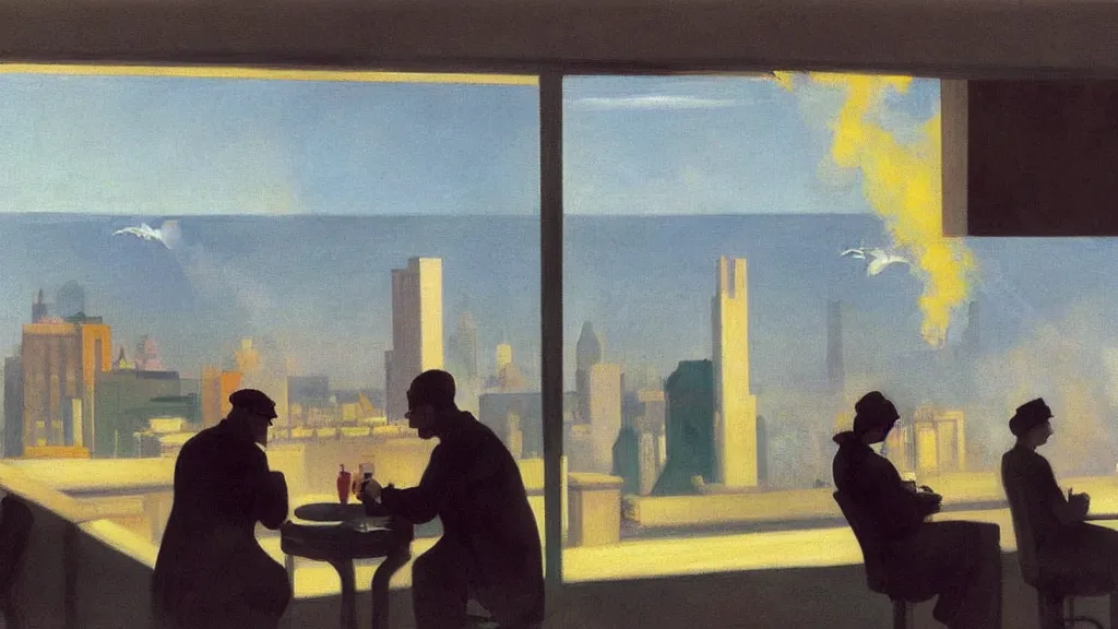 Prompt: 911 terrorist attacks with a plane, explosion and smoke, as seen from the window of a luxury hotel while a couple eats breakfast, by Edward Hopper, high-resolution painting