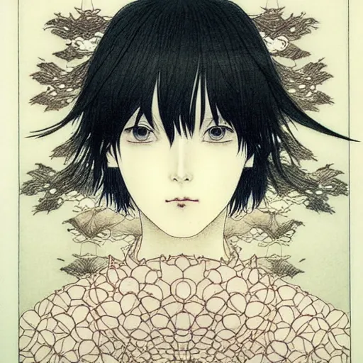 Image similar to prompt: Fragile looking soft light portrait face drawn by Takato Yamamoto and Katsuhiro Otomo, inspired by Ghost in Shell anime, magical and alchemical objects on the side, soft light, intricate detail, intricate ink painting detail, sharp high detail, manga and anime 2000