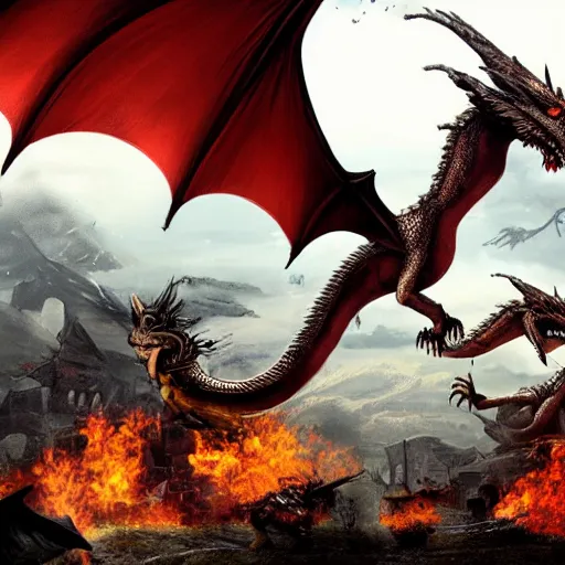 Prompt: photo of dragons fighting over a destroyed village