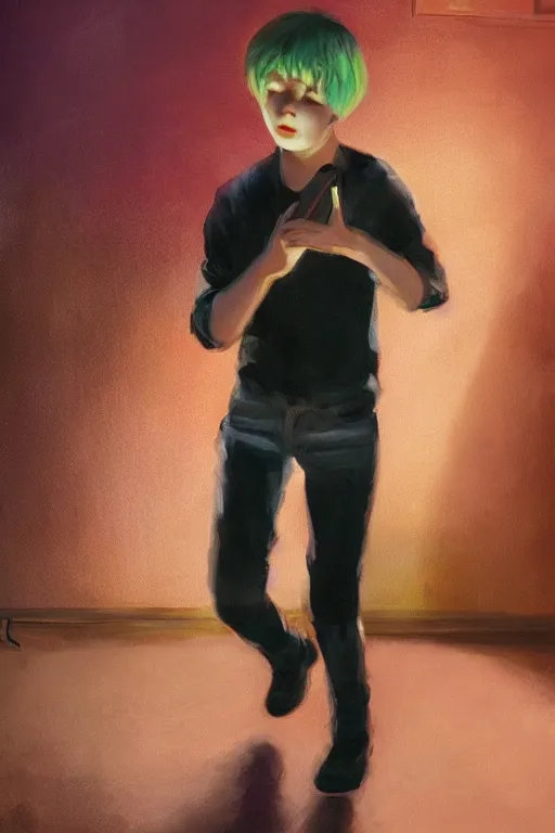 Prompt: realistic detailed full body picture of a sad finnish boy dancing in a south korean night club with a phone in hand, short brown hair, big eyes, masculine jawline, colorful, oil painting, cinematic lighting