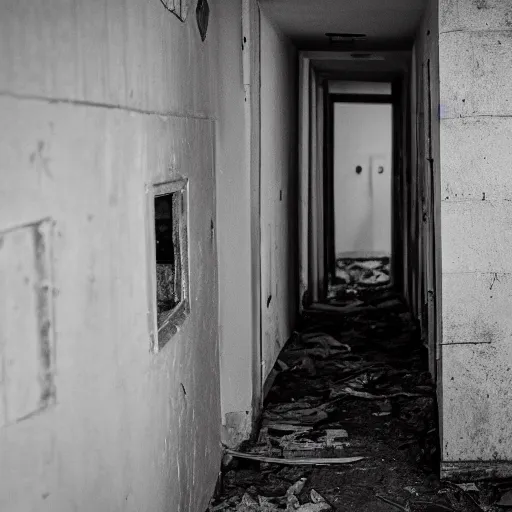 Prompt: an smiling old man peeking down an abandoned hallway