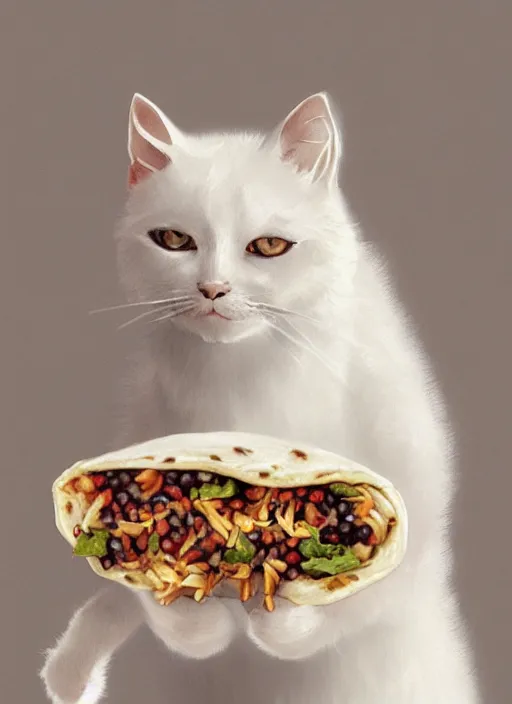 Image similar to a whimsical portrait of a cute white cat eating a burrito by Greg Rutkowski, Sung Choi, Mitchell Mohrhauser, Maciej Kuciara, Johnson Ting, Maxim Verehin, Peter Konig, final fantasy, Marco lense, photorealistic 8k, cinematic lighting, HD, high detail, atmospheric, trending on artstation